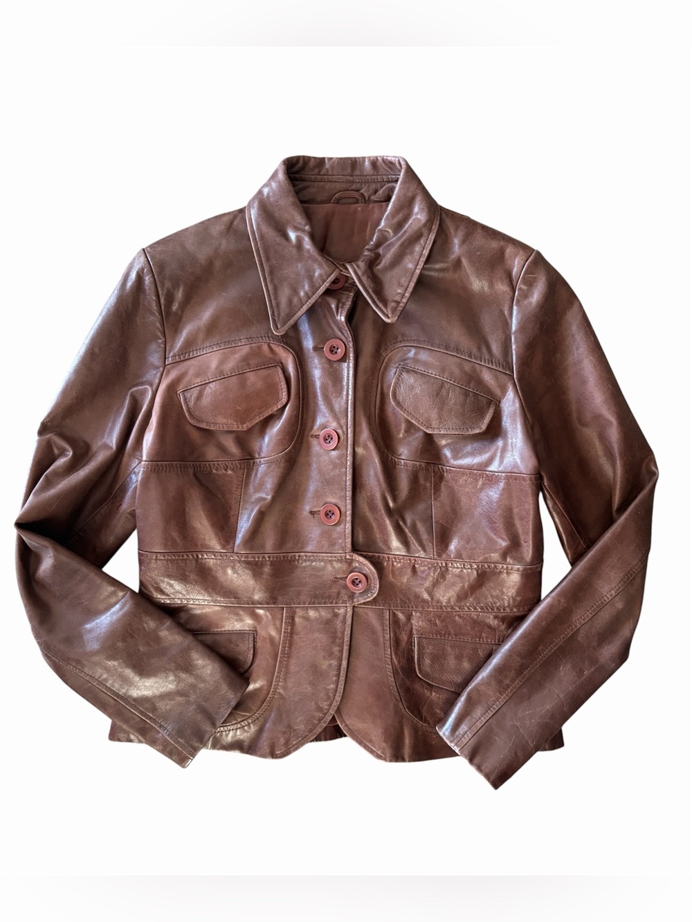Vintage Leather Jacket Chocolate Brown- 70s Style Tailored Coat - Fits 4-6